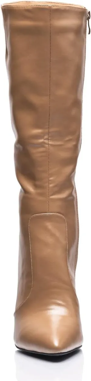 – Nude Brown Studded Calf Boots – Size 15 – Pointed Toe Stiletto Heels – Fall & Winter Fashion – Concert & Night Out Boots – Extended Sizes 10-15
