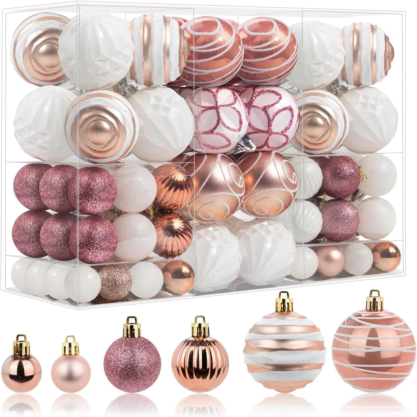 100 Pcs Christmas Ball Ornaments Set, Rose Gold and White Xmas Tree Decoration, Pink White Shatterproof Decorative Hanging Balls with Loop for Christmas Party Holiday Wreath Garland Home Décor