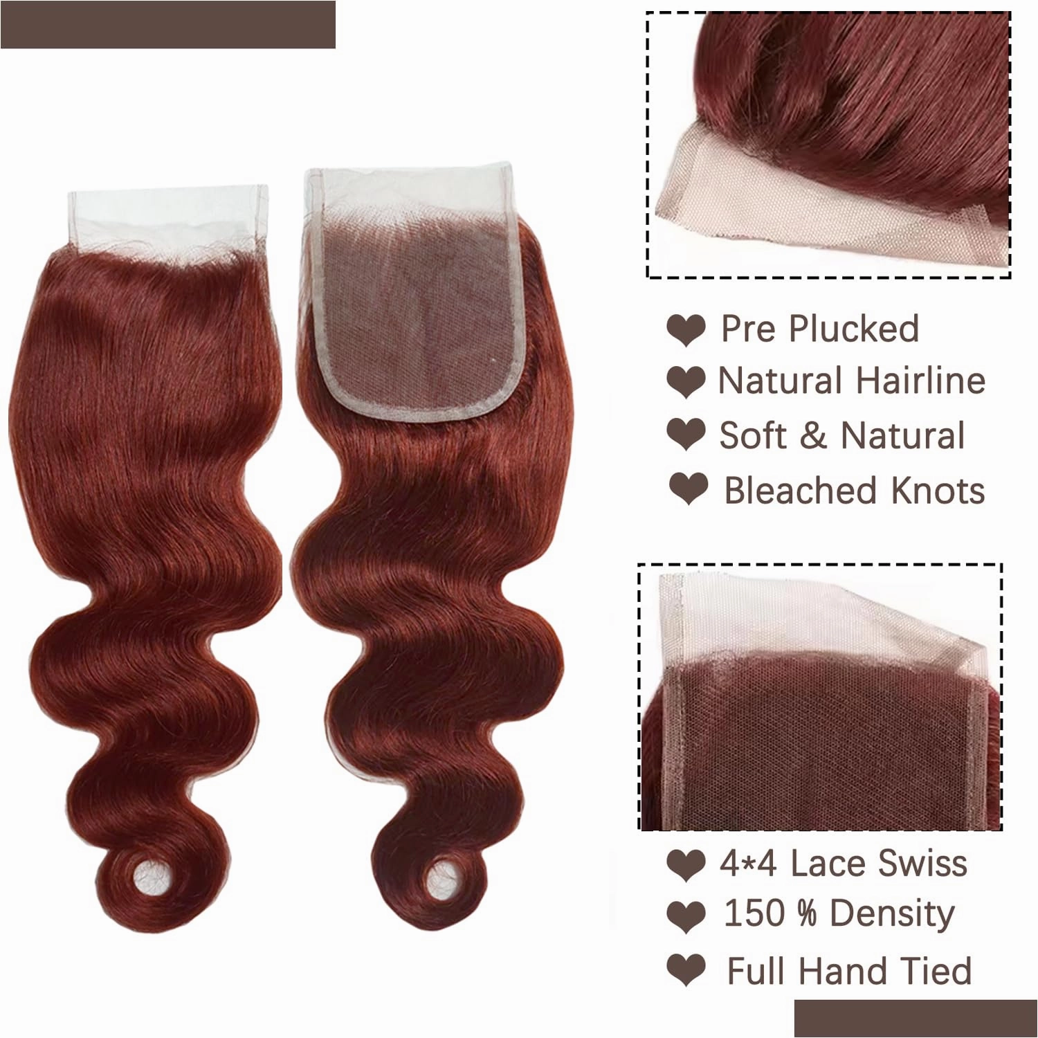10A Reddish Brown Body Wave Bundles with Closure Human Hair Cooper Red Human Hair Bundles With Closure 16 18 20 16 Free Part Brazilian Body Wave Hair