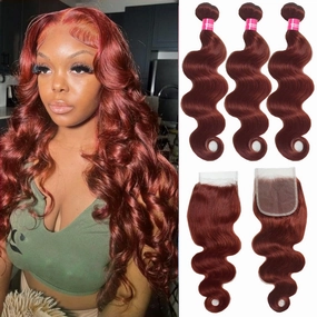10A Reddish Brown Body Wave Bundles with Closure Human Hair Cooper Red Human Hair Bundles With Closure 16 18 20 16 Free Part Brazilian Body Wave Hair