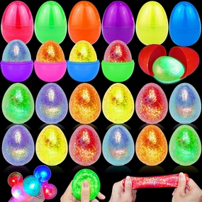 12 Prefilled Easter Eggs with Light Up Tinsel Fidget Stress Balls Easter Basket Stuffers Essential Stretchy Squeeze Squishies Relief Toys Glow in Dark Surprise Egg Gift for Kid Adults Hunt Party Favor