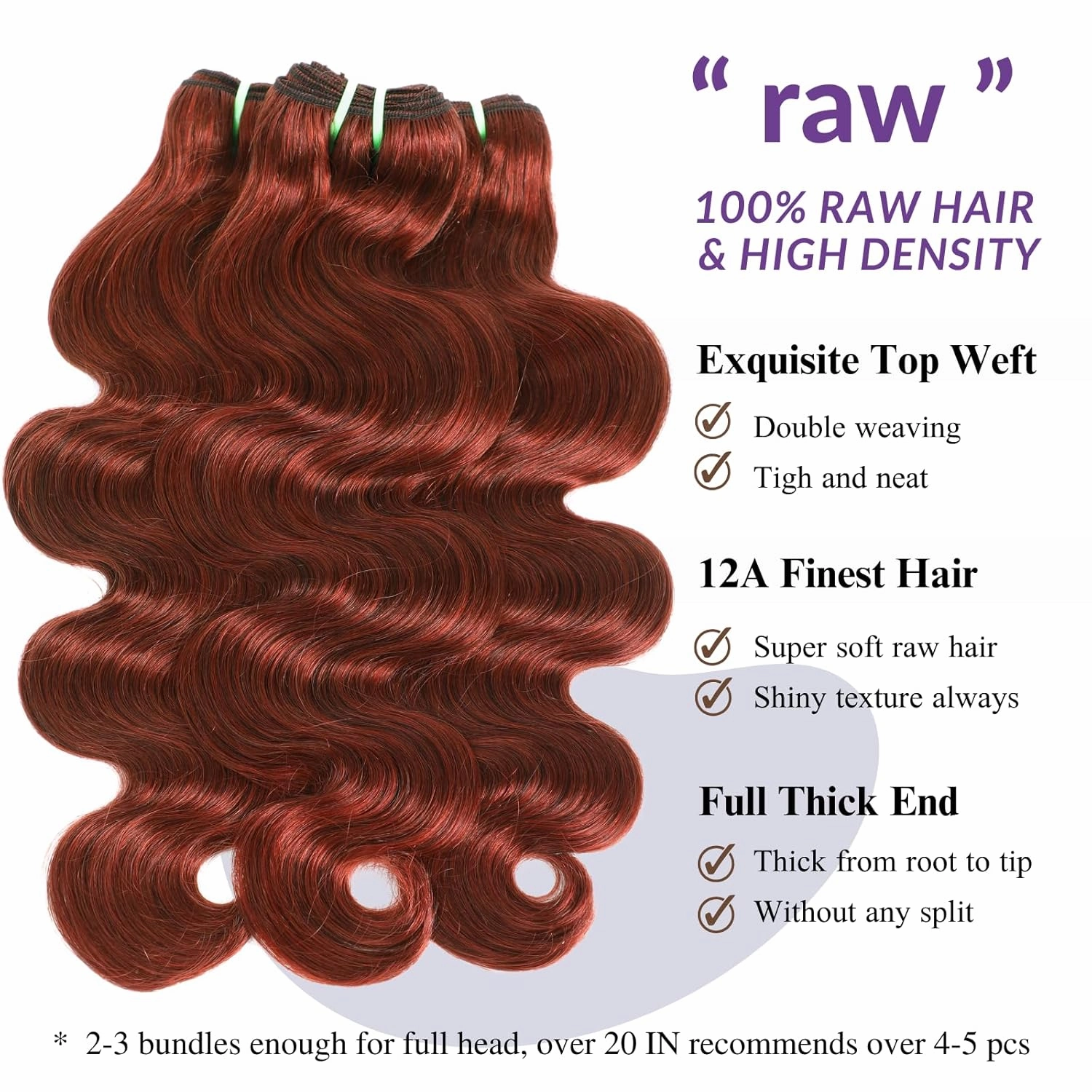 12A Double Drawn Reddish Brown Thick Raw Virgin 3 Bundles Human Hair Body Wave, Shed Free Colored 33B Real Copper Red Auburn Human Hair Bundles Quick Weave 14 16 18 Inch