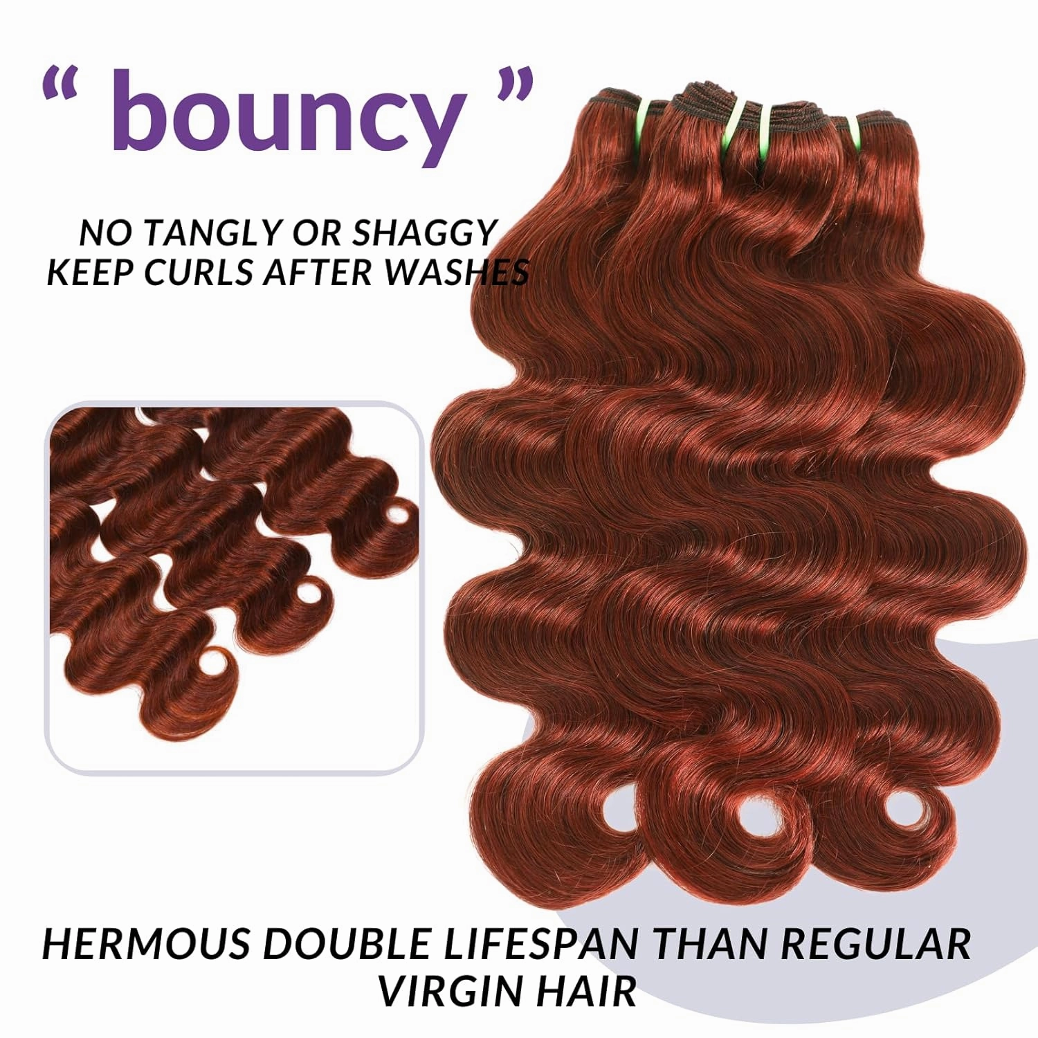 12A Double Drawn Reddish Brown Thick Raw Virgin 3 Bundles Human Hair Body Wave, Shed Free Colored 33B Real Copper Red Auburn Human Hair Bundles Quick Weave 14 16 18 Inch