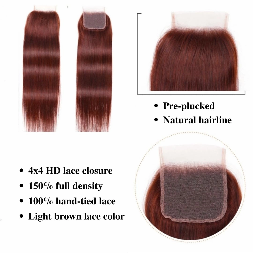 12A Reddish Brown Bundles With 4x4 Closure 12 14 16 12 Inch Double Drawn Red Auburn Brown Sew In With Closure Straight 100% Raw Human Hair Colored Copper Quiack Weave Hair Bundles With Closure