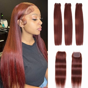 12A Reddish Brown Bundles With 4x4 Closure 12 14 16 12 Inch Double Drawn Red Auburn Brown Sew In With Closure Straight 100% Raw Human Hair Colored Copper Quiack Weave Hair Bundles With Closure