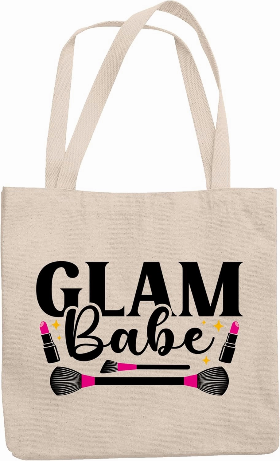 12oz Canvas Tote Bag - Glam Babe with Pink Lipsticks and Contour & Powder Brushes Design - Beauty Themed Merch for Makeup Artist or Cosmetologist, Gift for Makeup Lovers & Beauticians