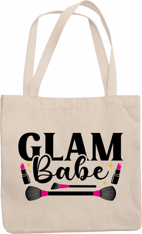 12oz Canvas Tote Bag - Glam Babe with Pink Lipsticks and Contour & Powder Brushes Design - Beauty Themed Merch for Makeup Artist or Cosmetologist, Gift for Makeup Lovers & Beauticians