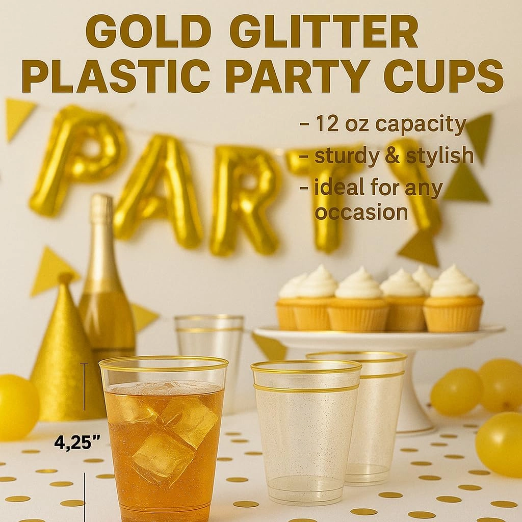 12oz Hard Plastic Party Cups – Perfect for Home, Office, Bars, Weddings, Showers, Birthdays, Anniversaries, and Parties Durable & Stylish Old Fashioned Tumblers (Gold Glitter with gold rim, 50 Pack)