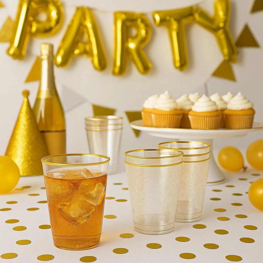 12oz Hard Plastic Party Cups – Perfect for Home, Office, Bars, Weddings, Showers, Birthdays, Anniversaries, and Parties Durable & Stylish Old Fashioned Tumblers (Gold Glitter with gold rim, 50 Pack)