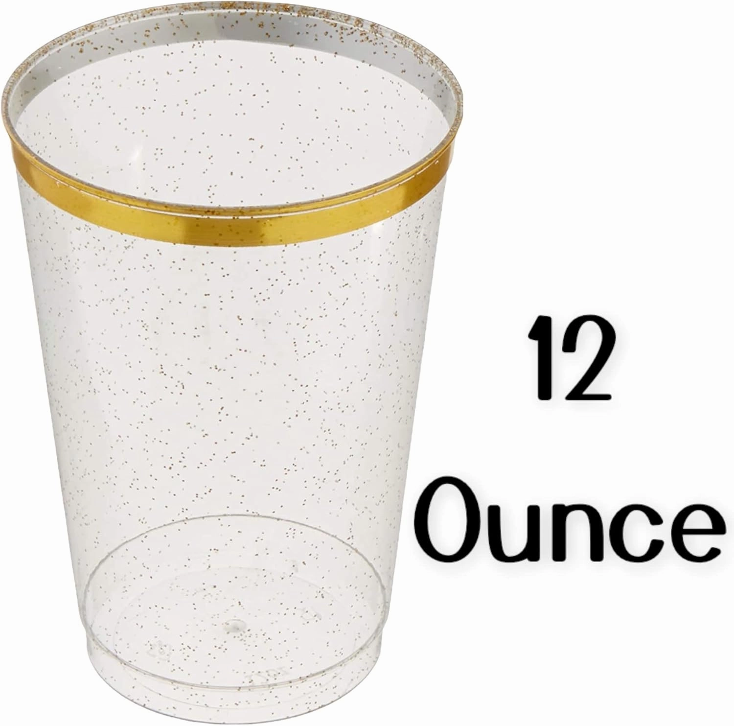 12oz Hard Plastic Party Cups – Perfect for Home, Office, Bars, Weddings, Showers, Birthdays, Anniversaries, and Parties Durable & Stylish Old Fashioned Tumblers (Gold Glitter with gold rim, 50 Pack)