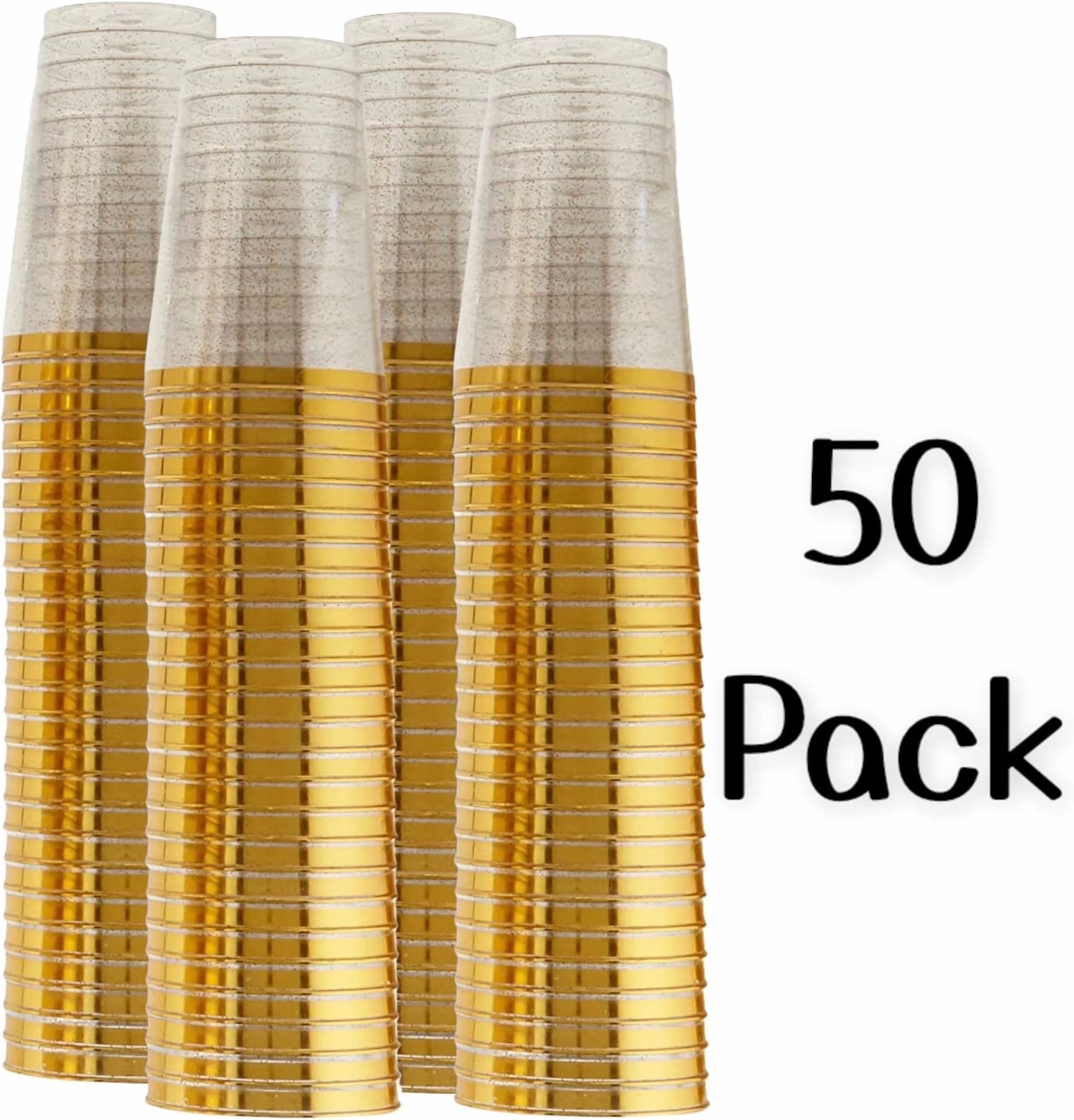 12oz Hard Plastic Party Cups – Perfect for Home, Office, Bars, Weddings, Showers, Birthdays, Anniversaries, and Parties Durable & Stylish Old Fashioned Tumblers (Gold Glitter with gold rim, 50 Pack)