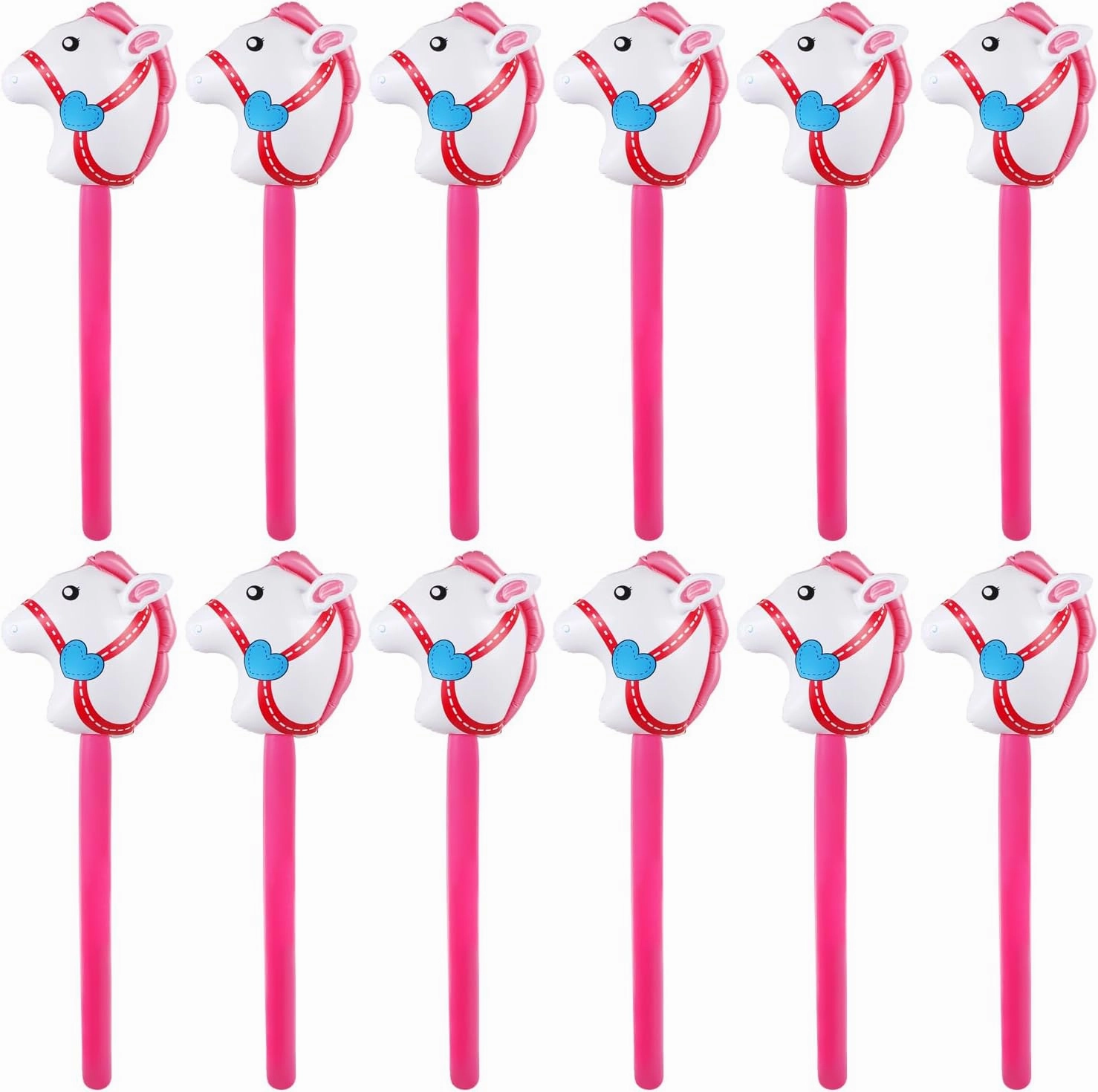 12PCS Inflatable Stick Horse,Blow Up Horse Head on Stick Pony Costume Western Cowboy Cowgirl Baby Shower Birthday Party Decorations Halloween Supplies Favors Props, 38 Inches (Pink)