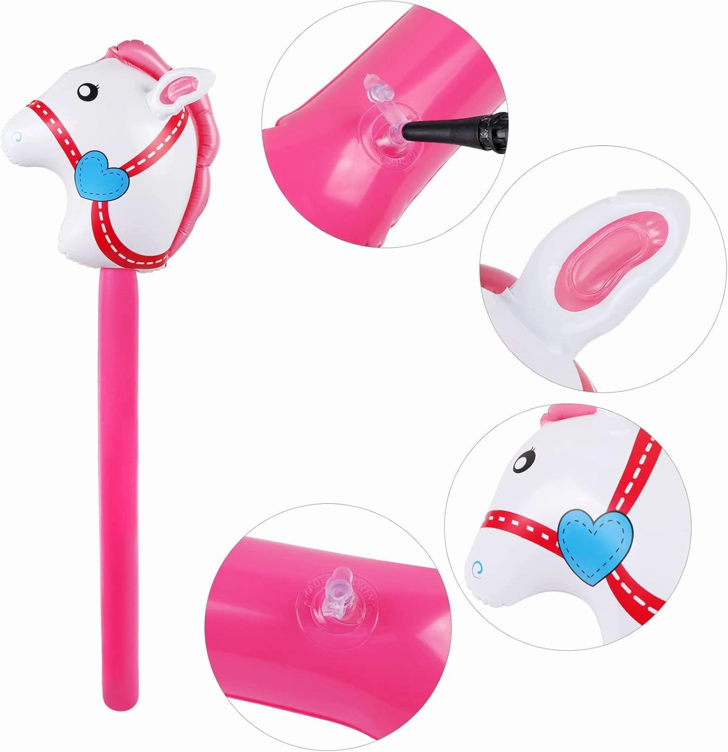 12PCS Inflatable Stick Horse,Blow Up Horse Head on Stick Pony Costume Western Cowboy Cowgirl Baby Shower Birthday Party Decorations Halloween Supplies Favors Props, 38 Inches (Pink)