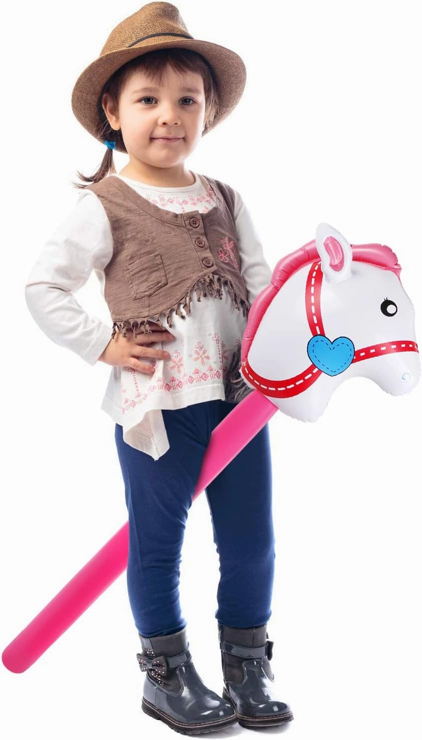 12PCS Inflatable Stick Horse,Blow Up Horse Head on Stick Pony Costume Western Cowboy Cowgirl Baby Shower Birthday Party Decorations Halloween Supplies Favors Props, 38 Inches (Pink)
