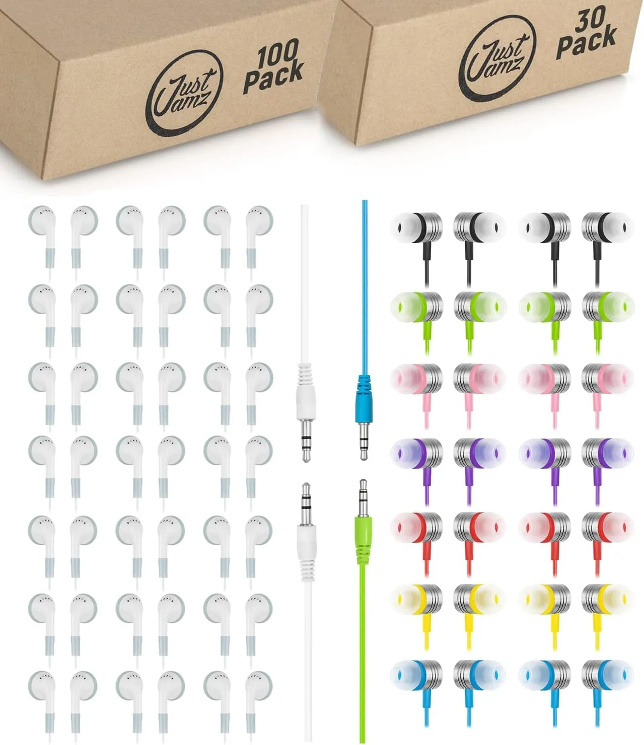 130-Pack Bulk Wired Earbuds: 100 Simple White Earphones   30 Colorful Jelly Matte Earbuds | Wired Headphones with 3.5mm Jack for Schools, Classrooms, Libraries, Kids, Students, and Bulk Events
