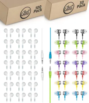 130-Pack Bulk Wired Earbuds: 100 Simple White Earphones   30 Colorful Jelly Matte Earbuds | Wired Headphones with 3.5mm Jack for Schools, Classrooms, Libraries, Kids, Students, and Bulk Events