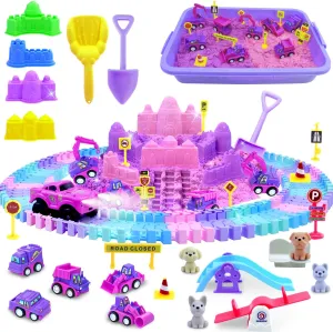 132 pcs Construction Sand Kit|w/ 2.2lbs Magic Sand|96pcs Flexible track|1 Racing car|Sandbox|8 Construction Car|Multiple sand model&puppy accessories Sensory Bin Toys for Toddlers Boys Girls Ages 3-8