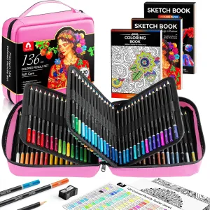 136 PCS Colored Pencils Set for Adult Coloring Books, 120 Colored Pencils with Sketchbook, Coloring Book, Sharpener, Soft Core Sketching Drawing Pencils, Art Supplies for Adults Artists (Pink)