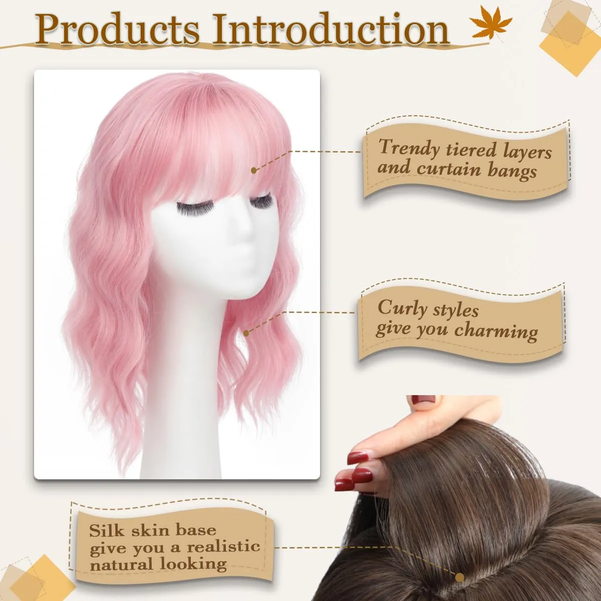14 Inch Wavy Hair Topper 6.5''X6.5'' Base Pink Wig for Ladies Synthetic Hair Pieces for Women with Bangs