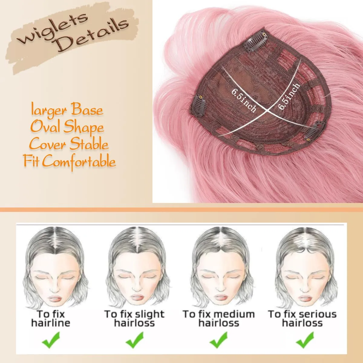 14 Inch Wavy Hair Topper 6.5''X6.5'' Base Pink Wig for Ladies Synthetic Hair Pieces for Women with Bangs