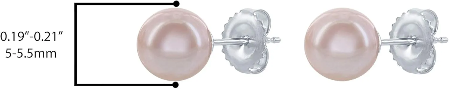 14K White Gold & Yellow Gold Pearls Ear Studs, Round Pink Freshwater Cultured Pearl, Classic Bridal Stud Pearl Earrings - Choice of Pearl Size & Gold Color