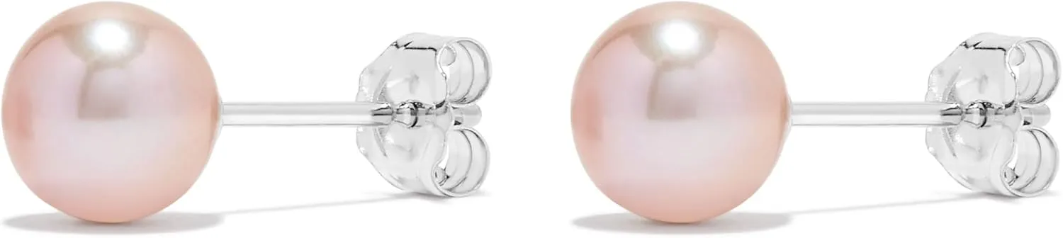 14K White Gold & Yellow Gold Pearls Ear Studs, Round Pink Freshwater Cultured Pearl, Classic Bridal Stud Pearl Earrings - Choice of Pearl Size & Gold Color