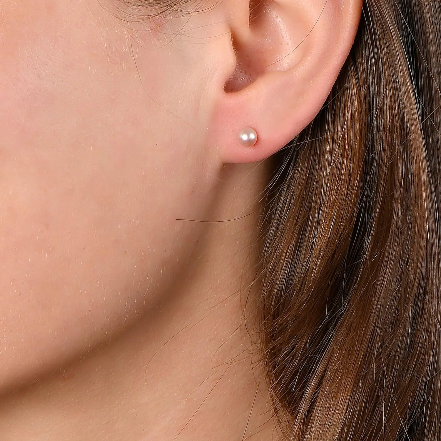 14K White Gold & Yellow Gold Pearls Ear Studs, Round Pink Freshwater Cultured Pearl, Classic Bridal Stud Pearl Earrings - Choice of Pearl Size & Gold Color