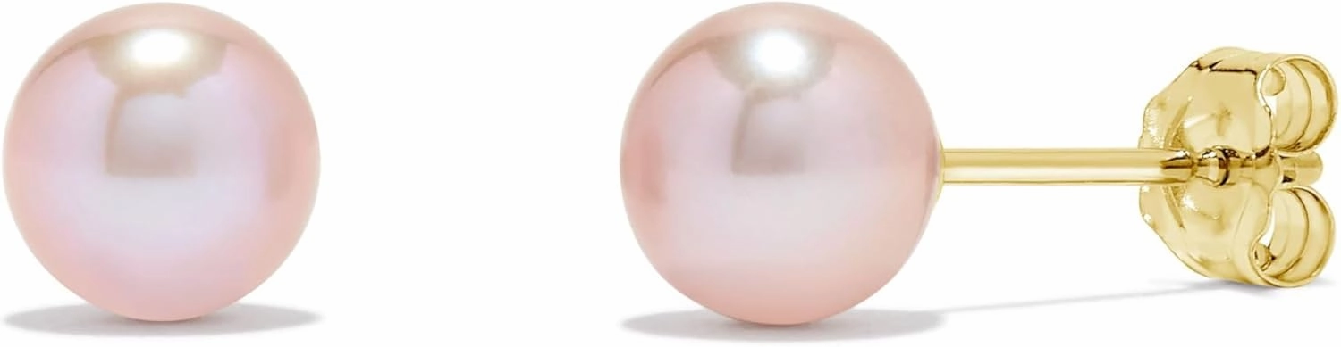 14K White Gold & Yellow Gold Pearls Ear Studs, Round Pink Freshwater Cultured Pearl, Classic Bridal Stud Pearl Earrings