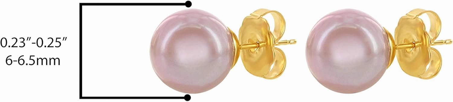 14K White Gold & Yellow Gold Pearls Ear Studs, Round Pink Freshwater Cultured Pearl, Classic Bridal Stud Pearl Earrings