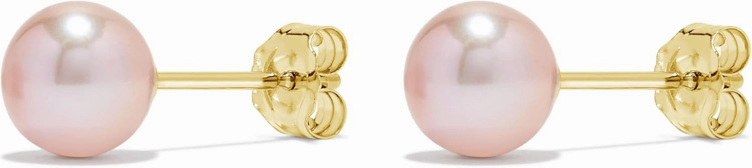 14K White Gold & Yellow Gold Pearls Ear Studs, Round Pink Freshwater Cultured Pearl, Classic Bridal Stud Pearl Earrings