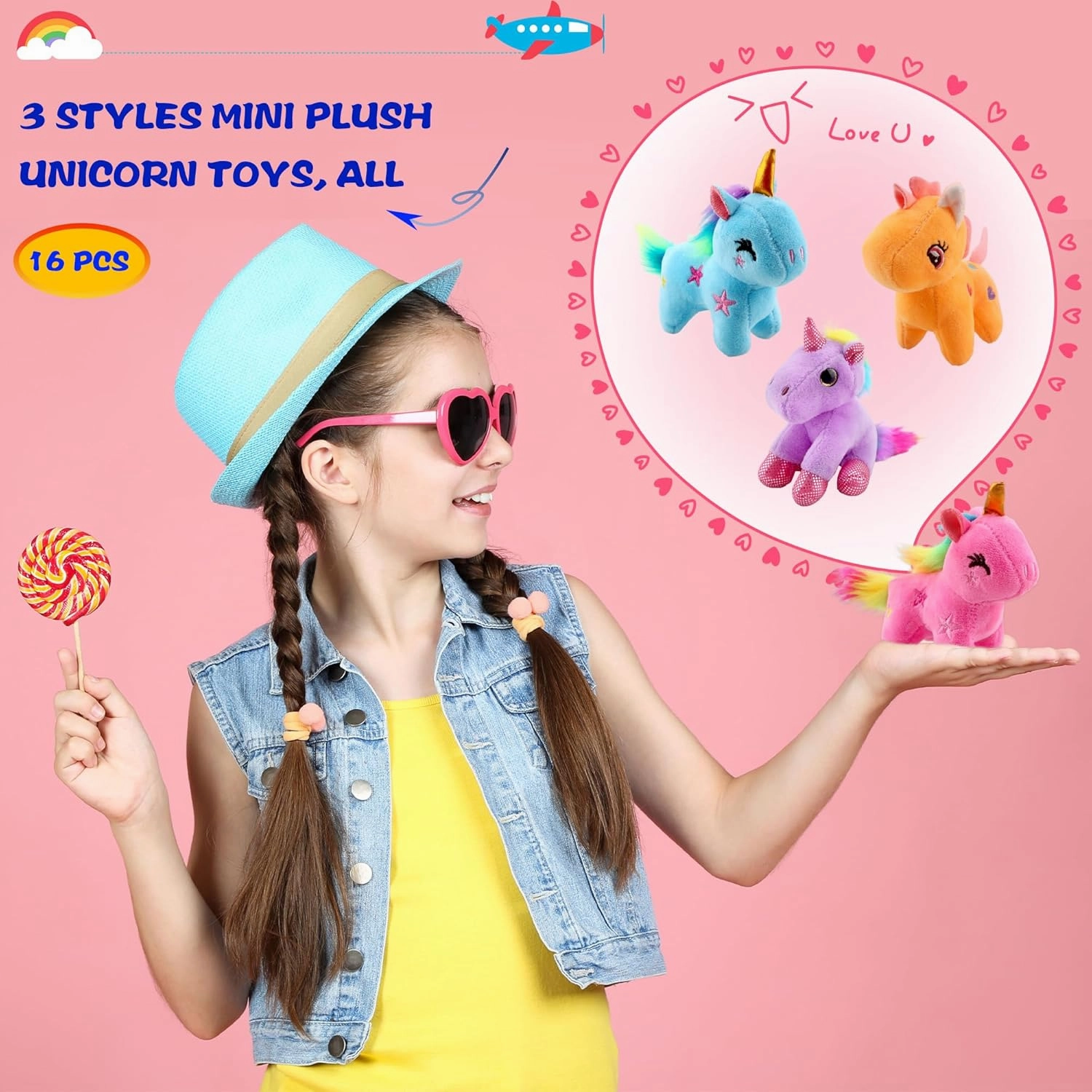 16 Pack Mini Stuffed Unicorn Animal Toys Small Rainbow Stuffed Unicorn Animal Toys Bulk for Christmas Easter Wedding Birthday Goodie Bag Stuffer Party Favors Gift