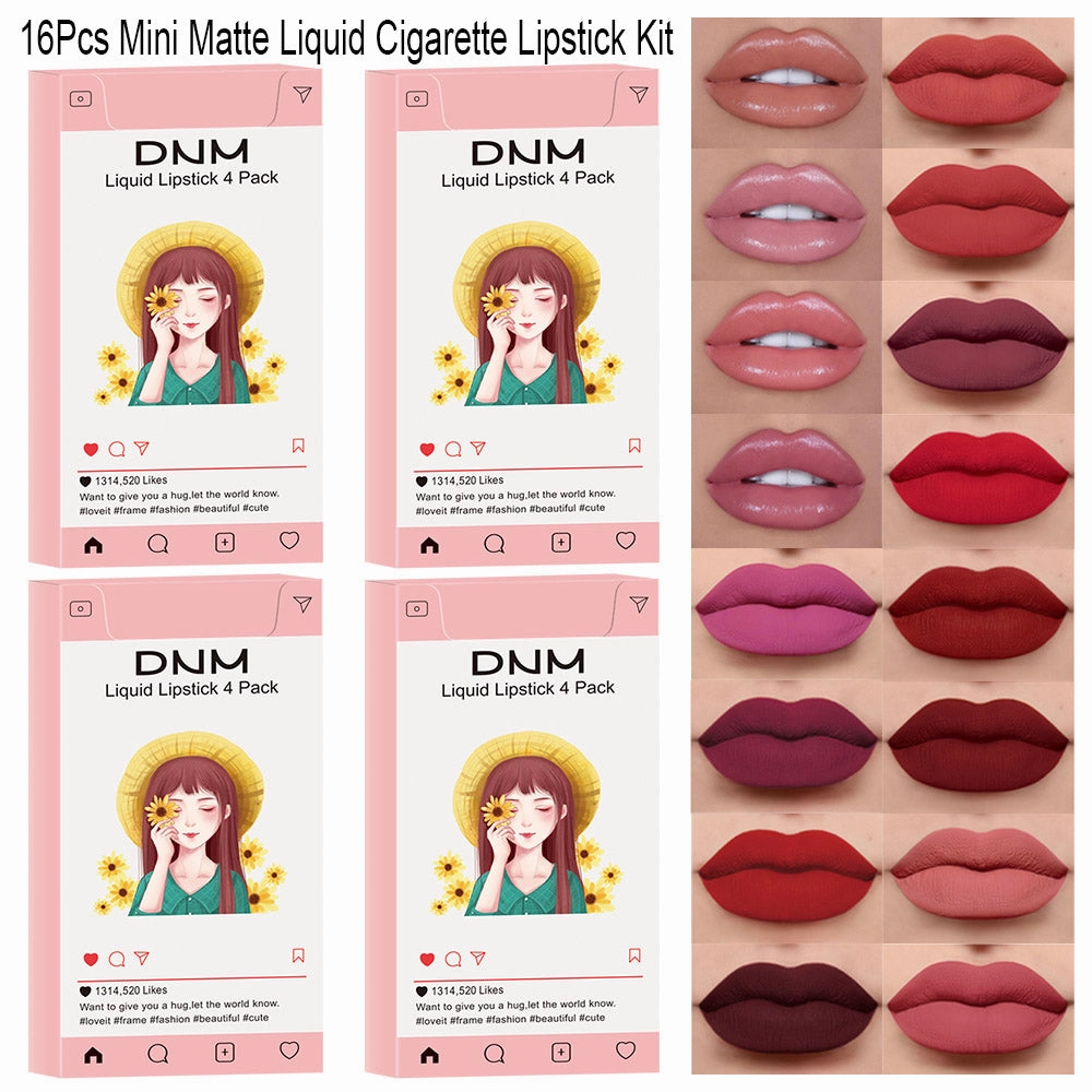 16Pcs Mini Matte Liquid Cigarette Lipstick Pack Set Kit,DNM 16 Colors Litte Smoke Tube Matte Velvet Lip Gloss Long Lasting Waterproof High Pigmented Red Matte Lipstick Sets for Women Lippies Makeup