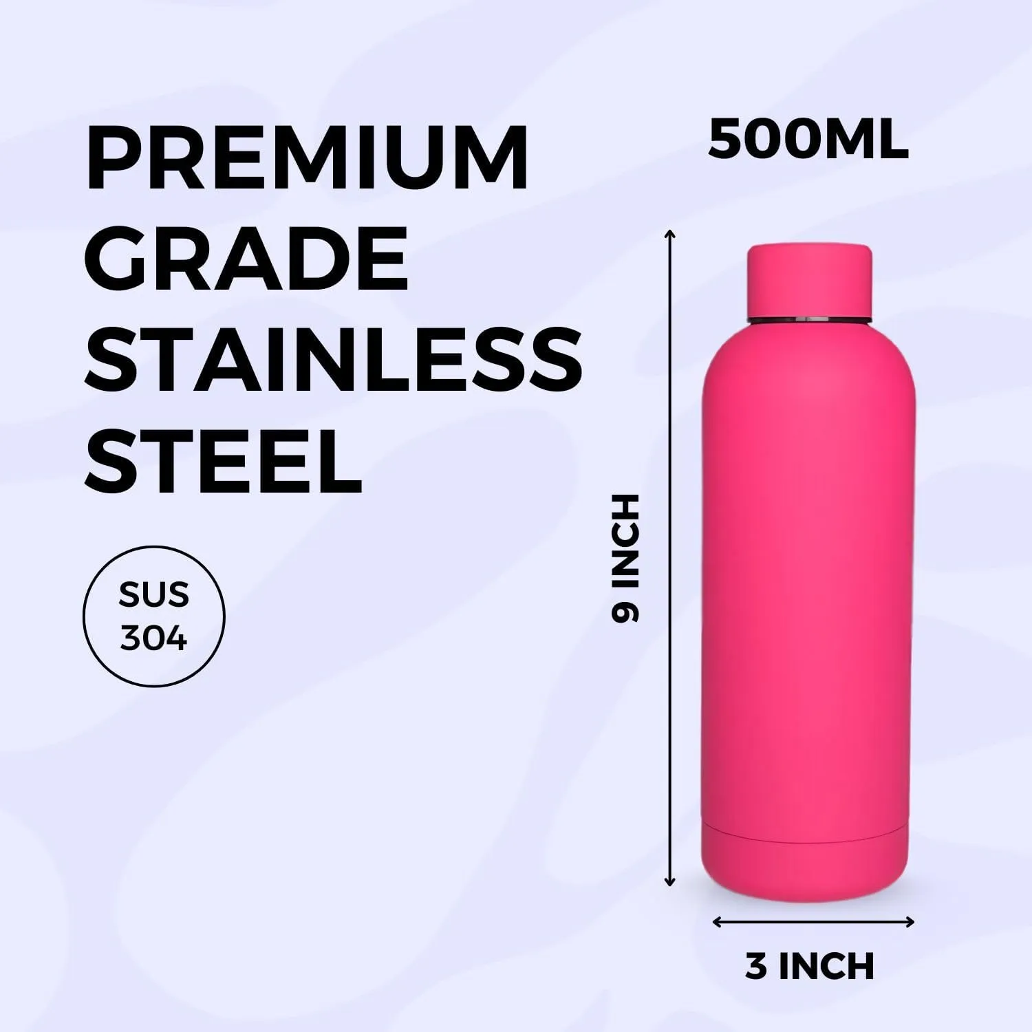 17oz Matte Finish Stainless Steel Water Bottle | Vacuum Insulated Travel Bottle | 12 hrs Hot & 18 hrs Cold | Smooth Rubber Finish Water Bottle (Pink)