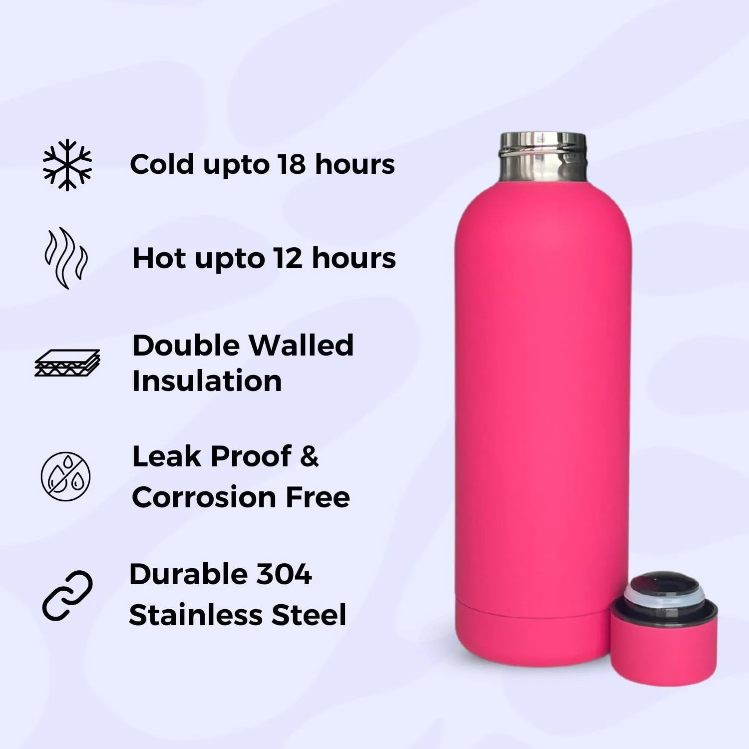 17oz Matte Finish Stainless Steel Water Bottle | Vacuum Insulated Travel Bottle | 12 hrs Hot & 18 hrs Cold | Smooth Rubber Finish Water Bottle (Pink)