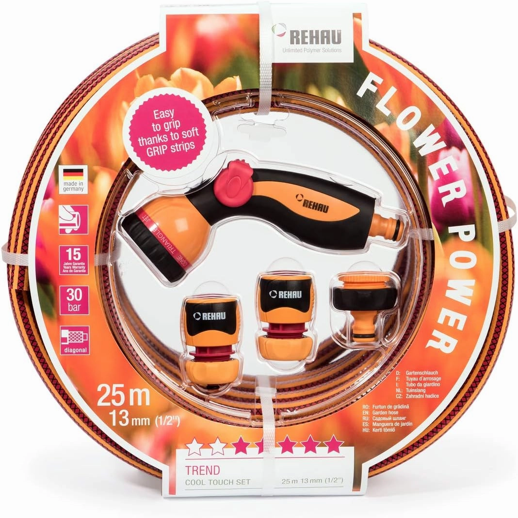 18577 6 Gartenschlauch Flower Power Trend Garden Hose Set 25 m Roll, 13 mm, 1/2 Zoll, Red/Orange