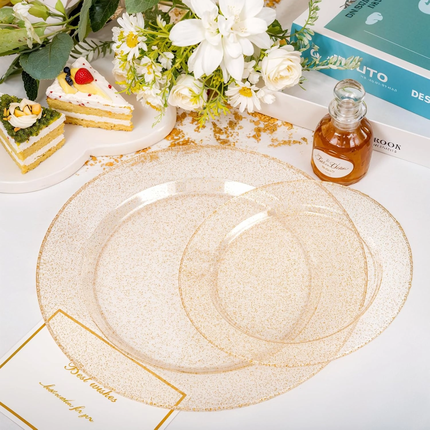 200 Pcs Gold Glitter Plastic Plates - Disposable Party Plates, Gold Glitter Disposable Plates Include 100 Dinner Plates and 100 Dessert Plates, Plastic Plates for Party, Holiday, Wedding & Birthday