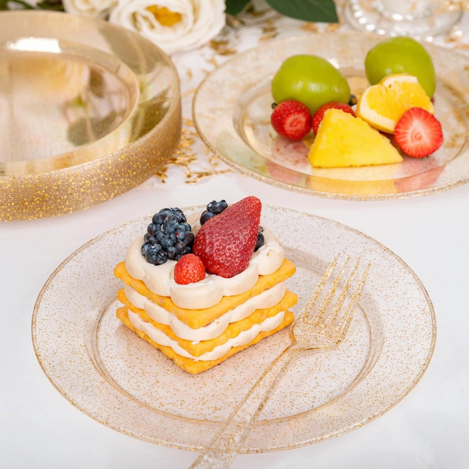 200 Pcs Gold Glitter Plastic Plates - Disposable Party Plates, Gold Glitter Disposable Plates Include 100 Dinner Plates and 100 Dessert Plates, Plastic Plates for Party, Holiday, Wedding & Birthday