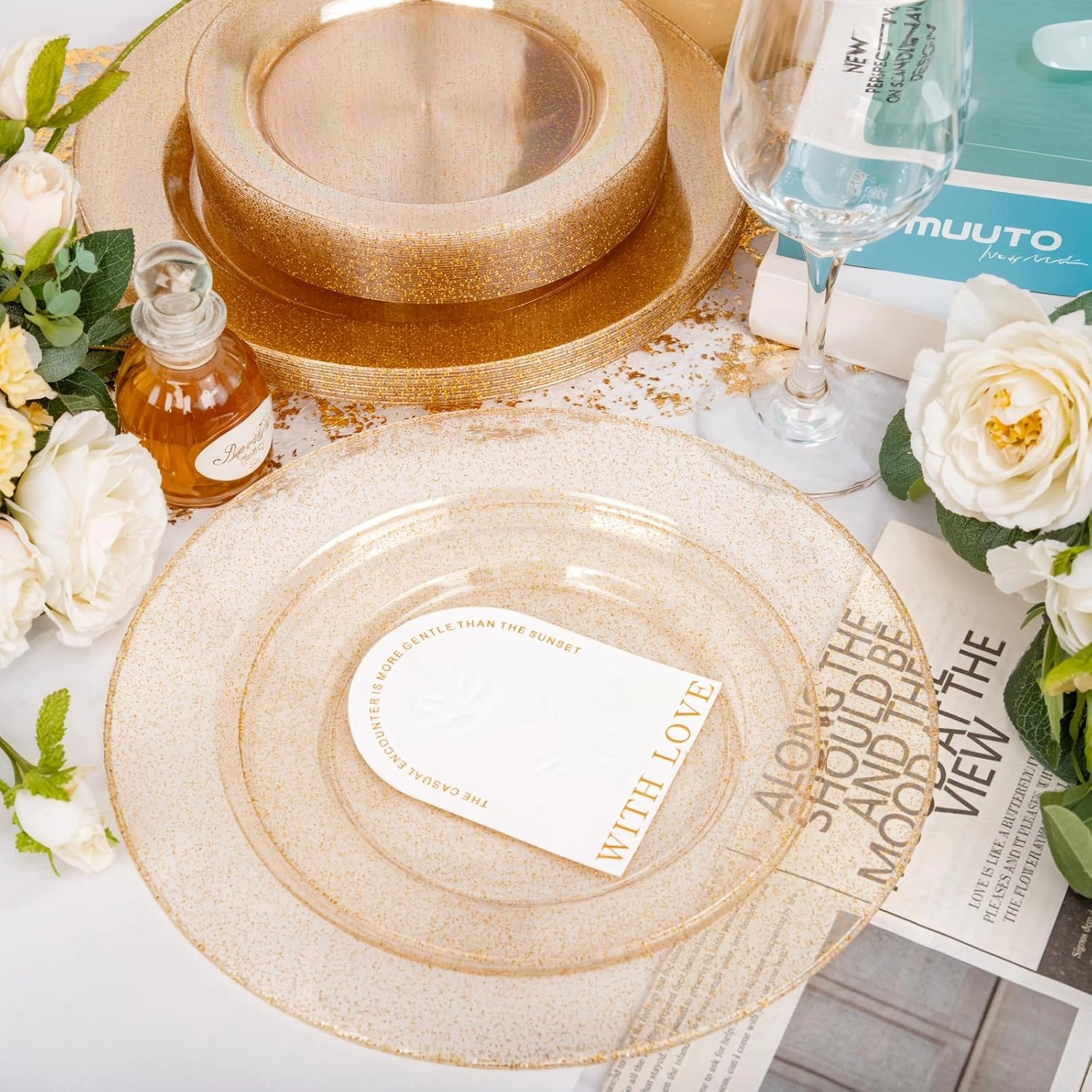 200 Pcs Gold Glitter Plastic Plates - Disposable Party Plates, Gold Glitter Disposable Plates Include 100 Dinner Plates and 100 Dessert Plates, Plastic Plates for Party, Holiday, Wedding & Birthday