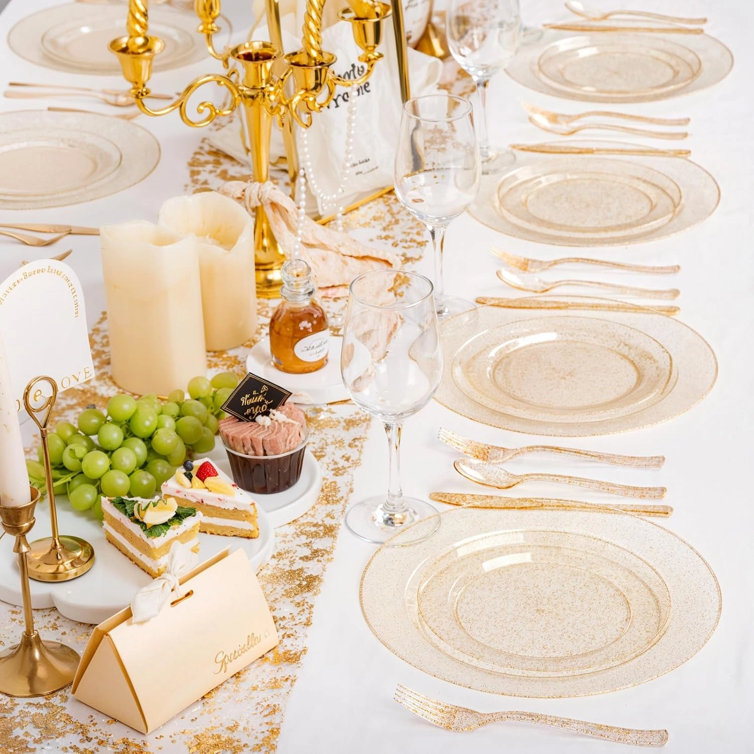 200 Pcs Gold Glitter Plastic Plates - Disposable Party Plates, Gold Glitter Disposable Plates Include 100 Dinner Plates and 100 Dessert Plates, Plastic Plates for Party, Holiday, Wedding & Birthday