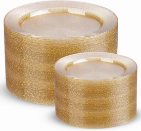200 Pcs Gold Glitter Plastic Plates - Disposable Party Plates, Gold Glitter Disposable Plates Include 100 Dinner Plates and 100 Dessert Plates, Plastic Plates for Party, Holiday, Wedding & Birthday