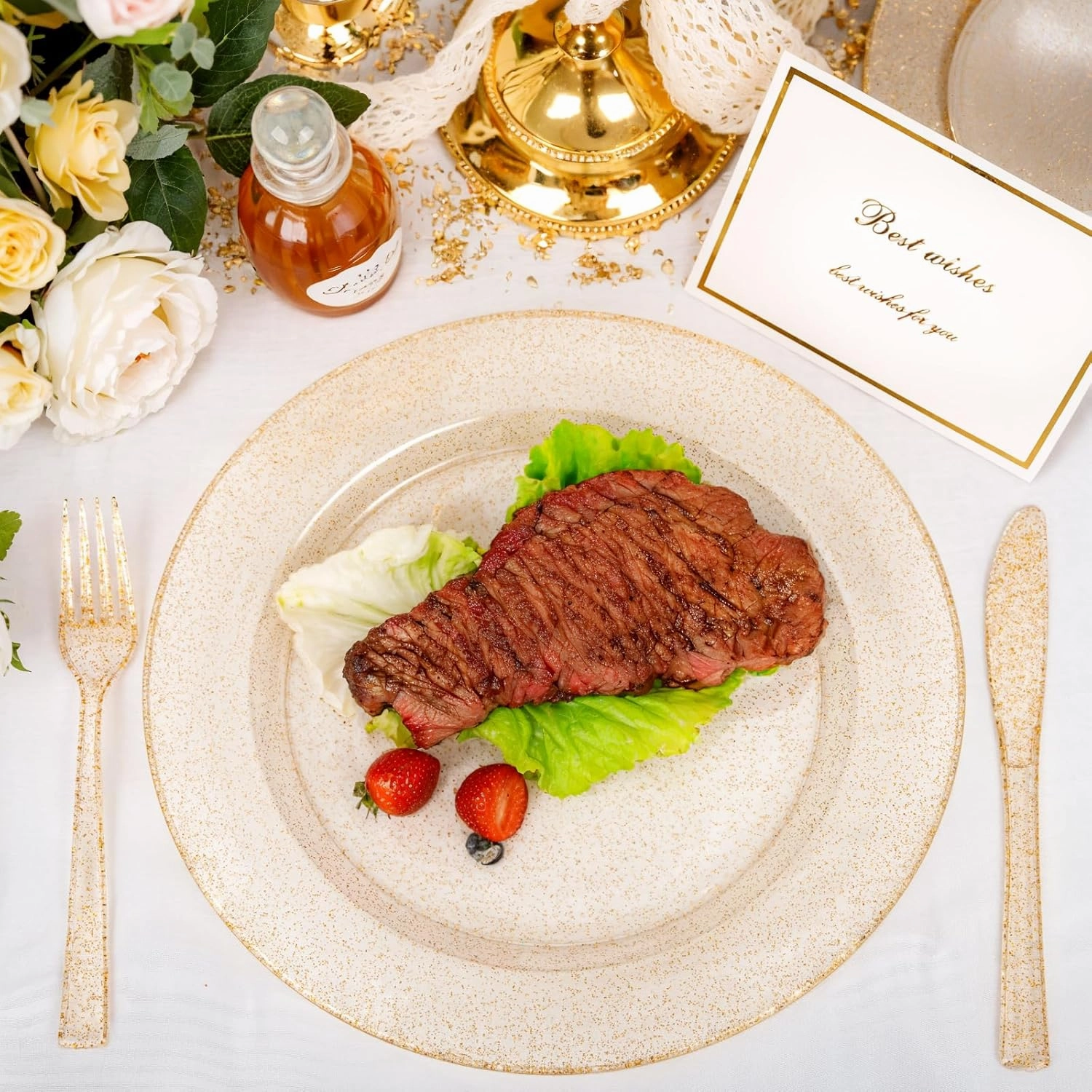 200 Pcs Gold Glitter Plastic Plates - Disposable Party Plates, Gold Glitter Disposable Plates Include 100 Dinner Plates and 100 Dessert Plates, Plastic Plates for Party, Holiday, Wedding & Birthday
