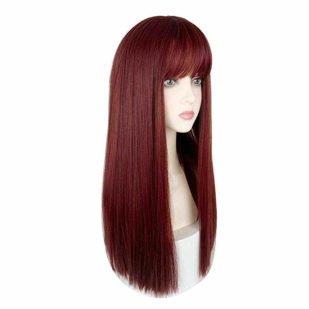 22 Inches long Hair Wig for Women Black Synthetic Hair Natural Long Straight Wig With Bangs Party Cosplay Wig for Girl (Raspberry Red)