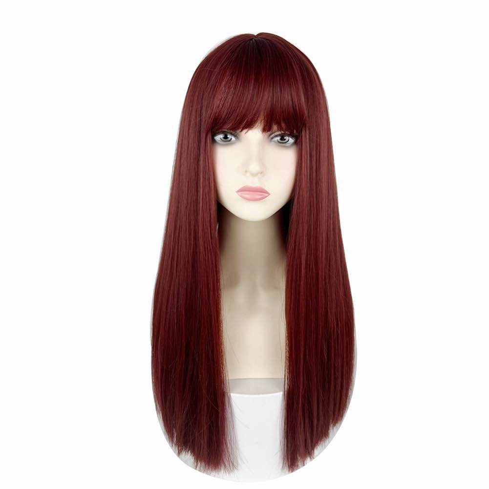 22 Inches long Hair Wig for Women Black Synthetic Hair Natural Long Straight Wig With Bangs Party Cosplay Wig for Girl (Raspberry Red)