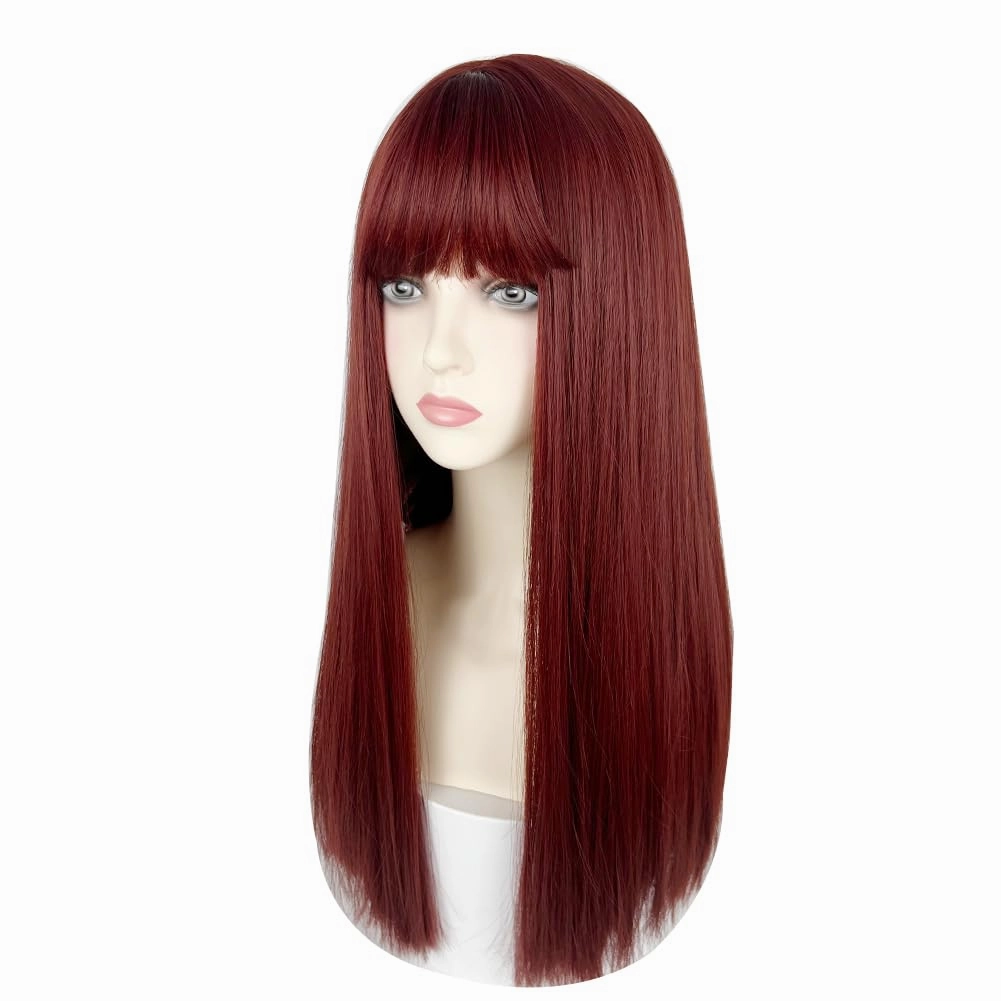 22 Inches long Hair Wig for Women Black Synthetic Hair Natural Long Straight Wig With Bangs Party Cosplay Wig for Girl (Raspberry Red)