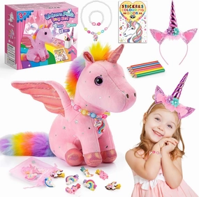 22-Piece Unicorn Gift Set for Girls Ages 3-8 | Pink Stuffed Animal Plush Toy with Jewelry Kit, DIY Coloring Book & Hair Accessories | Birthday Party Favors for Kids Toddler Girls Toys