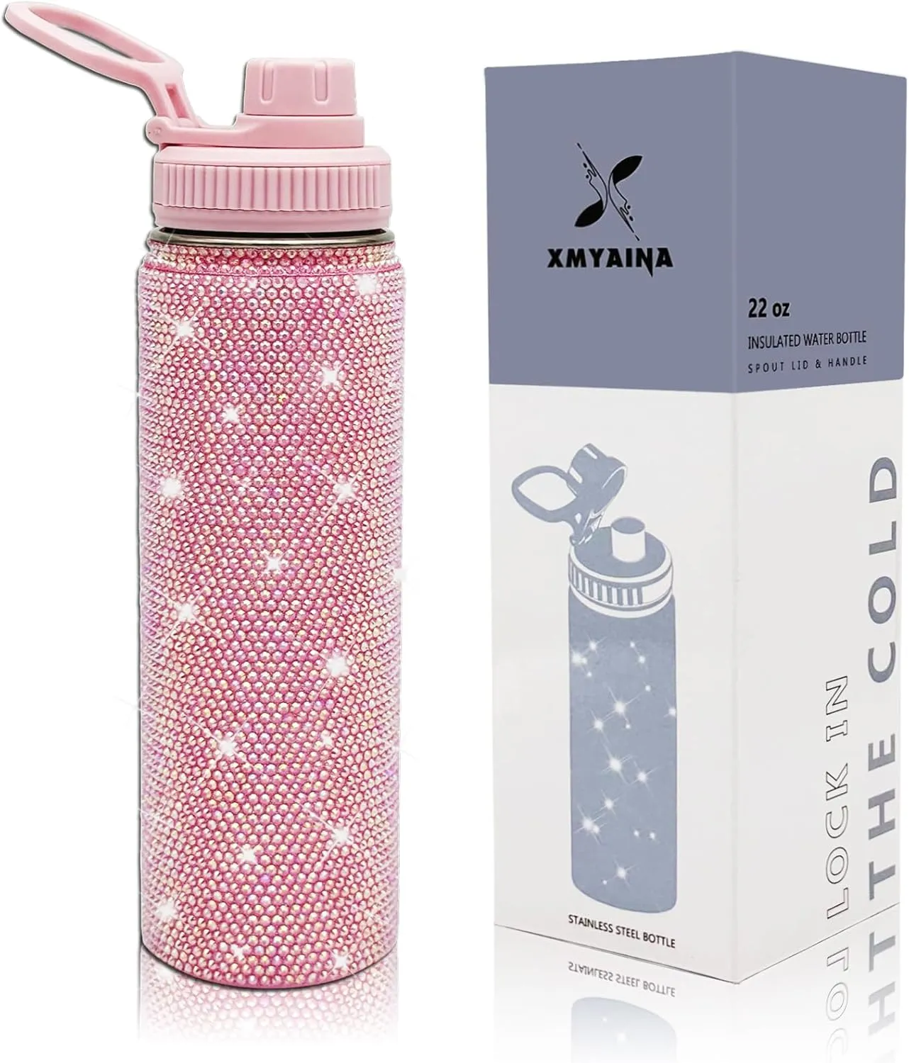22oz Stainless Steel Bling Crystal Water Bottle Rhinestone Vacuum Insulated Bottle with Spout Lid Reusable Double-Wall Glitter Sport Bottle Gift for Women Girl (Light Pink)