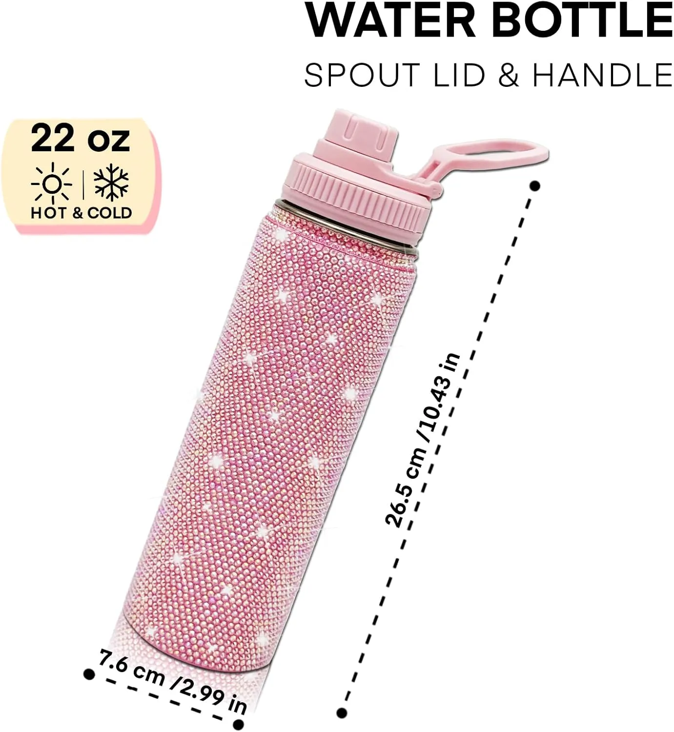 22oz Stainless Steel Bling Crystal Water Bottle Rhinestone Vacuum Insulated Bottle with Spout Lid Reusable Double-Wall Glitter Sport Bottle Gift for Women Girl (Light Pink)