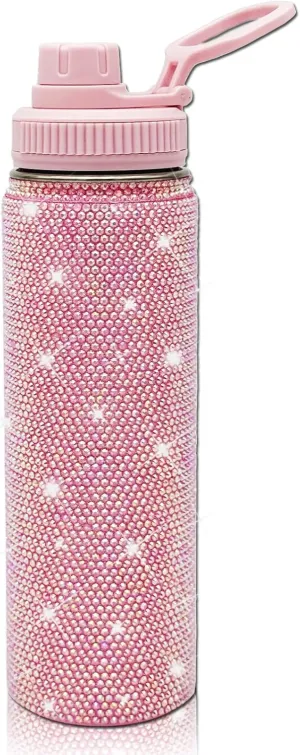 22oz Stainless Steel Bling Crystal Water Bottle Rhinestone Vacuum Insulated Bottle with Spout Lid Reusable Double-Wall Glitter Sport Bottle Gift for Women Girl (Light Pink)