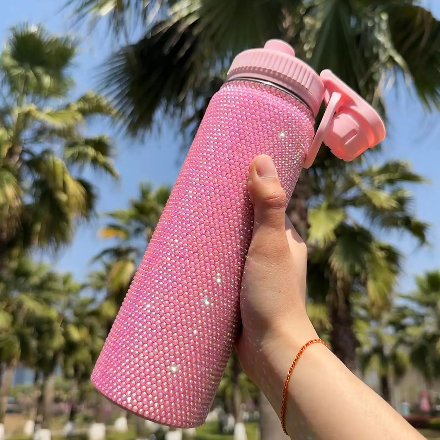 22oz Stainless Steel Bling Crystal Water Bottle Rhinestone Vacuum Insulated Bottle with Spout Lid Reusable Double-Wall Glitter Sport Bottle Gift for Women Girl (Light Pink)