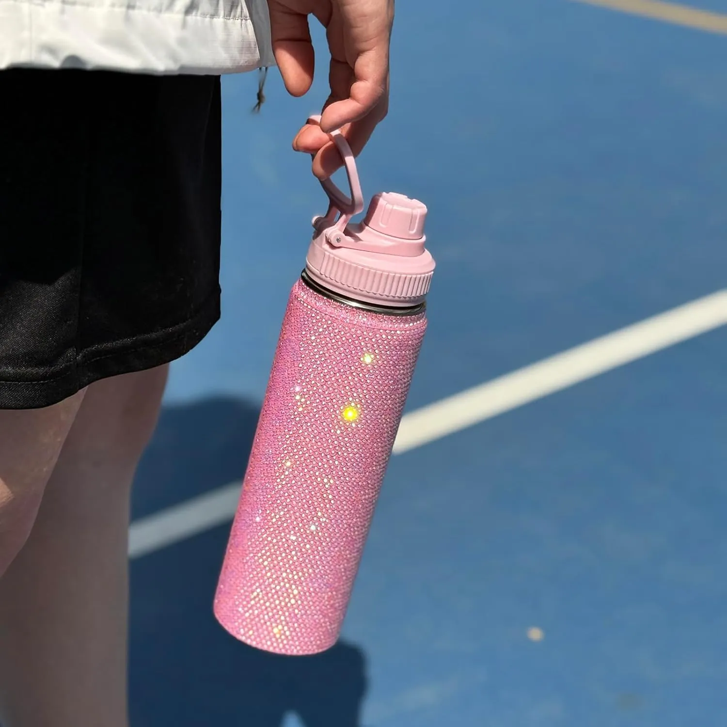 22oz Stainless Steel Bling Crystal Water Bottle Rhinestone Vacuum Insulated Bottle with Spout Lid Reusable Double-Wall Glitter Sport Bottle Gift for Women Girl (Light Pink)